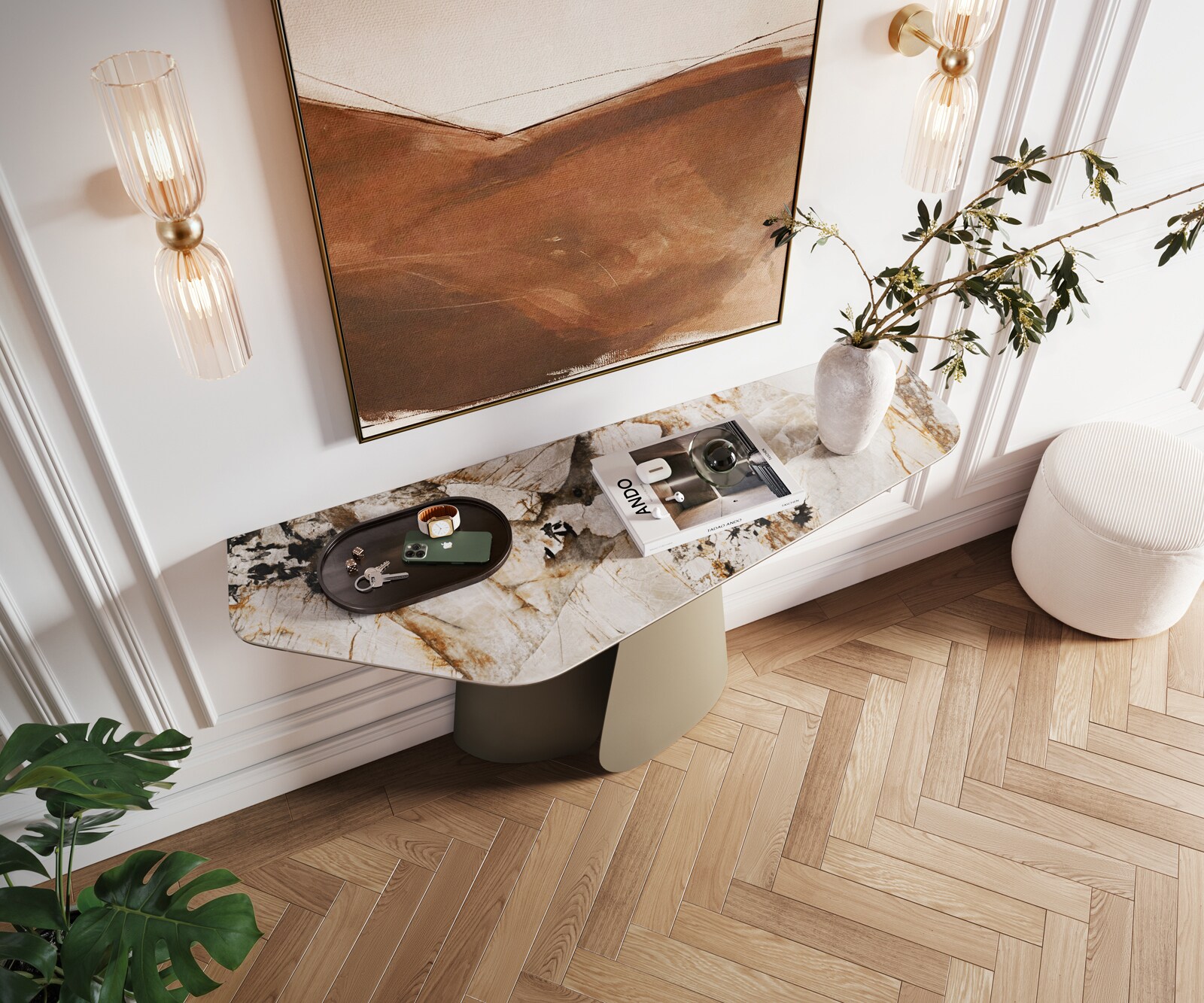 Console Edge Polygonal 140x50 cm Céramique Patagonia Poliert Livos Métal Effektfinish Titan 2