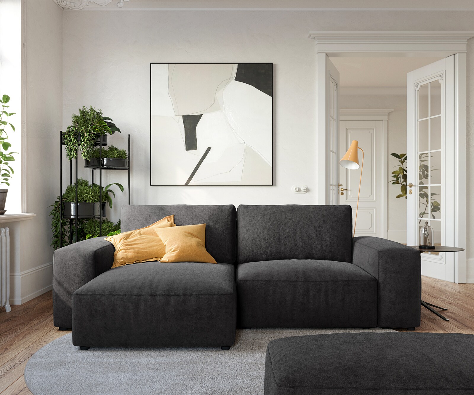 Canapé d’angle Lanzo 230x155 cm microfibre noir méridienne réversible avec pouf 1