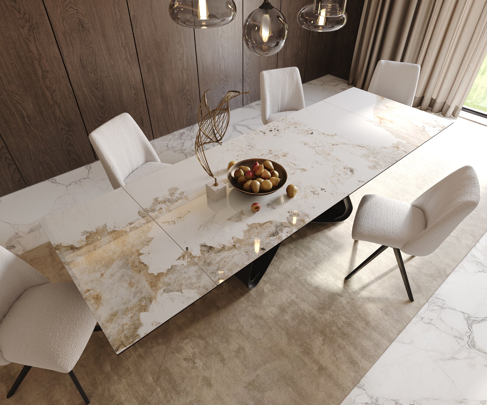 Table à manger Edge 200-300x100 céramique Minas mélange blanc-beige cadre en W noir extensible 5