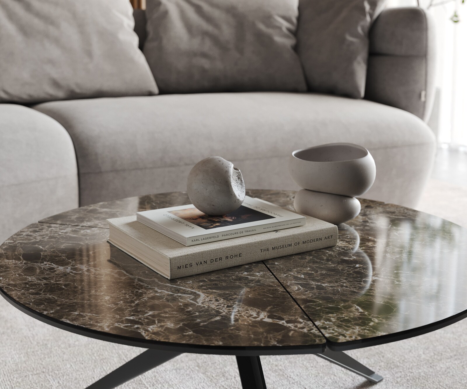 Table-basse Delron 70x70 cm Céramique Emperador Extra Lucidato Marron foncé Pied croisé plat Métal Noir 4