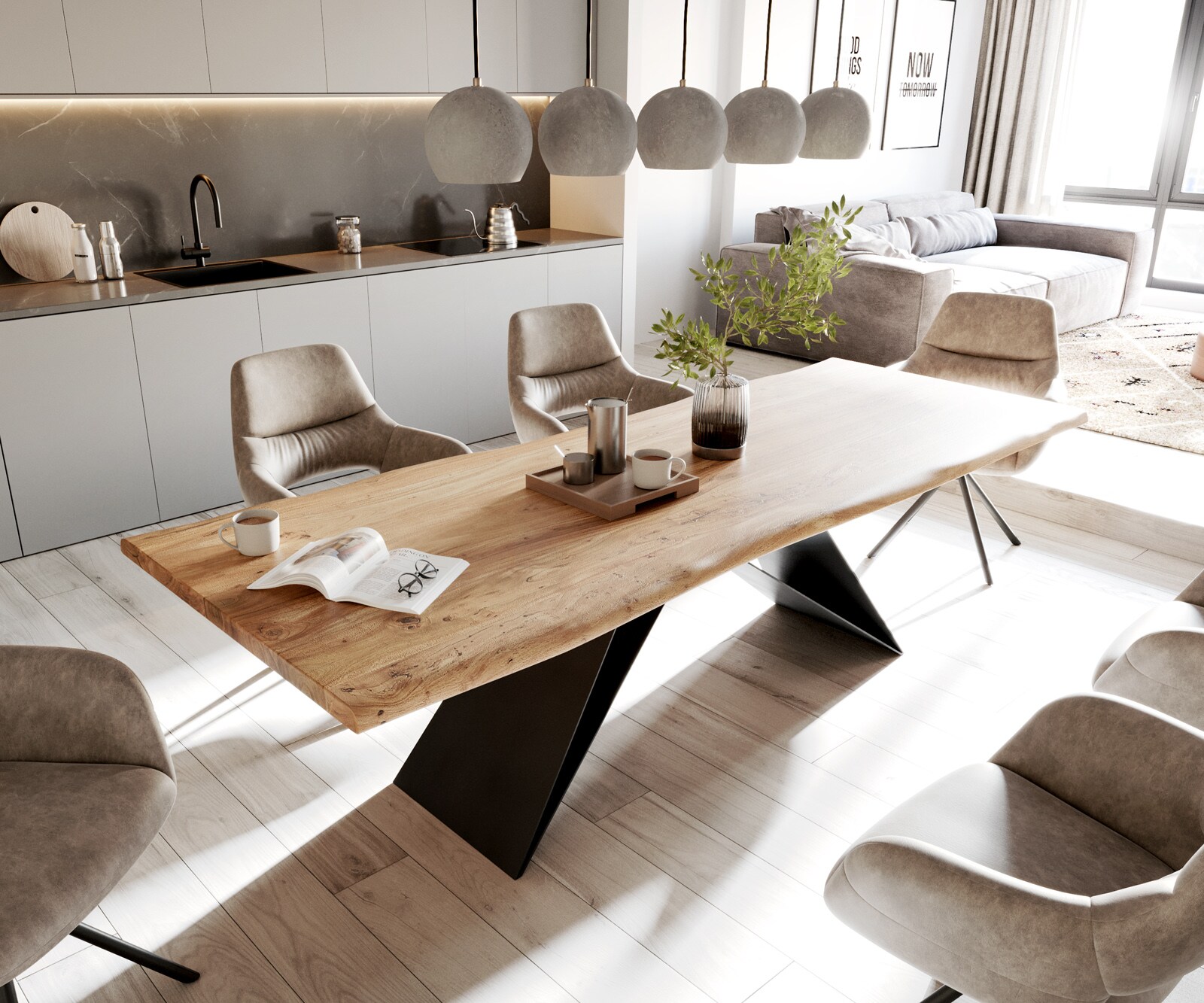 Table à manger Edge 260x100 Acacia Naturel cadre V Acier plat Noir Live-Edge 1