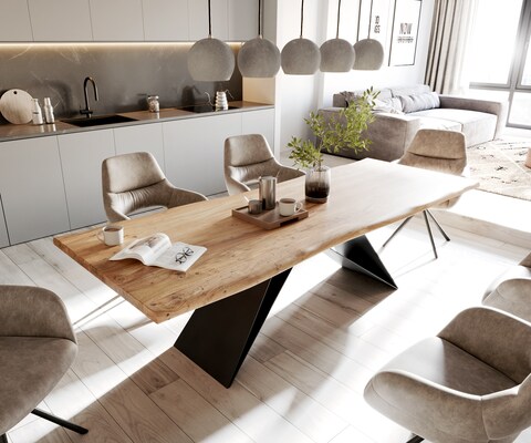 Table à manger Edge 260x100 Acacia Naturel cadre V Acier plat Noir Live-Edge