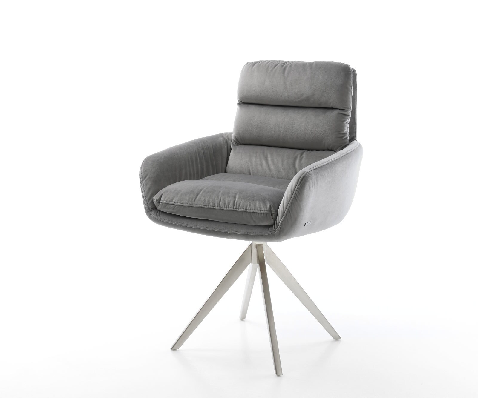 Chaise-de-salle-à-manger Abelia-Flex avec accoudoirs velours gris pied croisé angulaire acier inoxydable brossé
