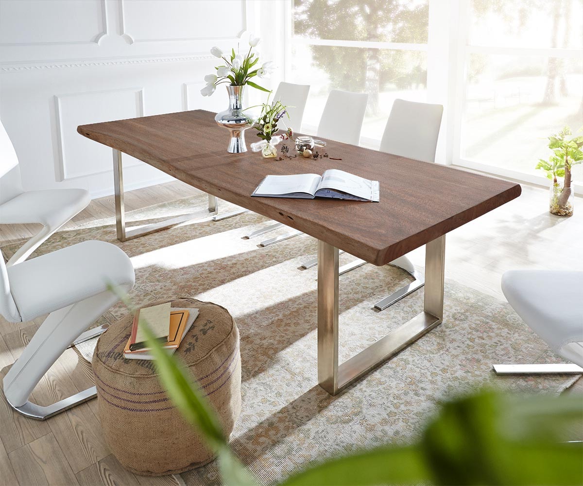 Table-à-manger Edge 300x100 XL acacia marron acier inoxydable mince Live-Edge Table-à-manger Edge 300x100 XL acacia marron acier inoxydable mince Live-Edge