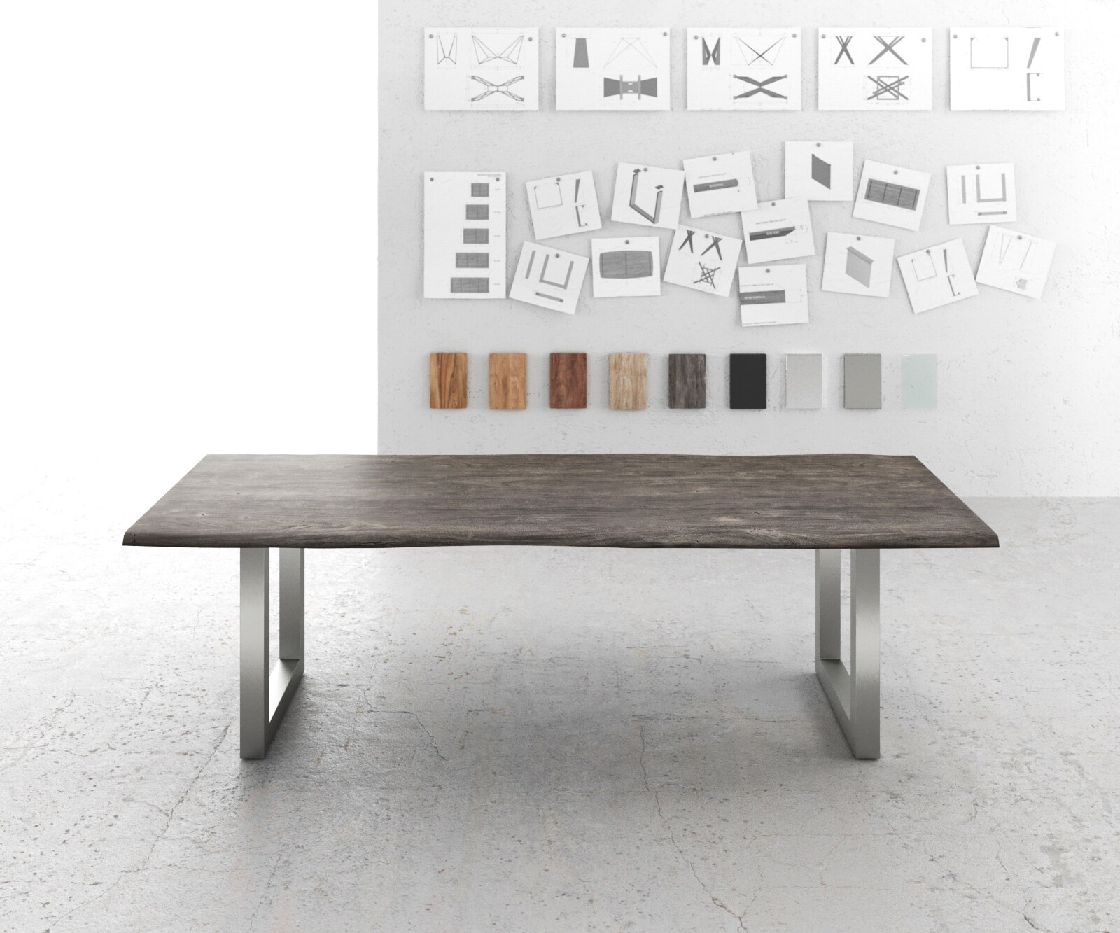 Table-à-manger Edge 260x100 acacia platine acier inoxydable large Live-Edge 1 Table-à-manger Edge 260x100 acacia platine acier inoxydable large Live-Edge 1