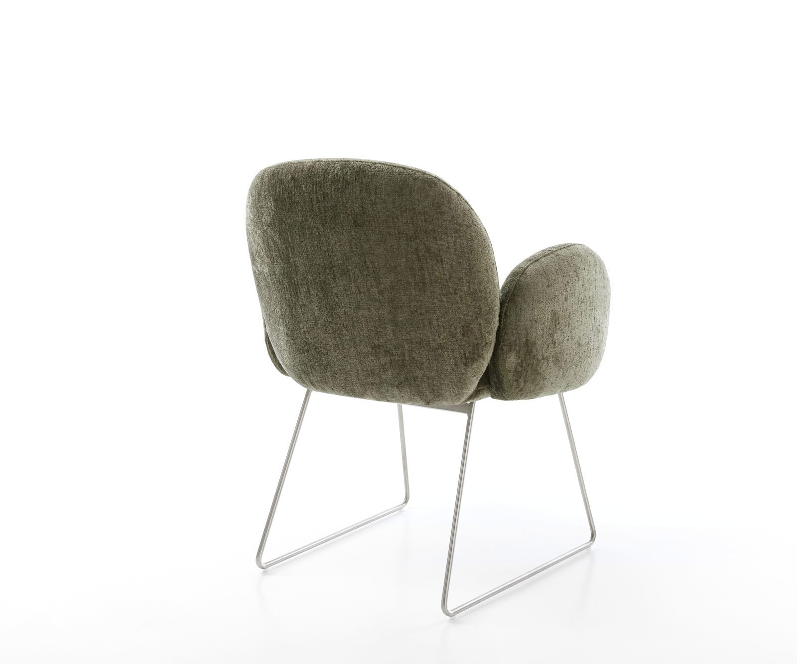 Chaise-de-salle-à-manger Nube-Flex avec accoudoirs chenille olive pied trapèze acier inoxydable brossé ressorts ensachés 4 Chaise-de-salle-à-manger Nube-Flex avec accoudoirs chenille olive pied trapèze acier inoxydable brossé ressorts ensachés 4