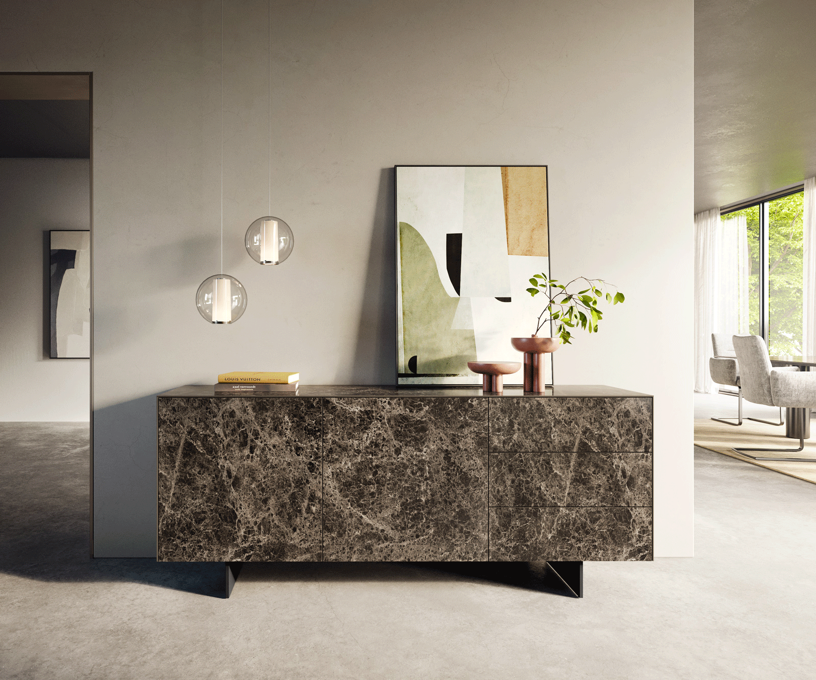 Buffet Cuor 180 cm Céramique Emperador Extra Lucidato brun foncé 2 Portes 3 Tiroirs Pied optique flottant Métal Noir 2