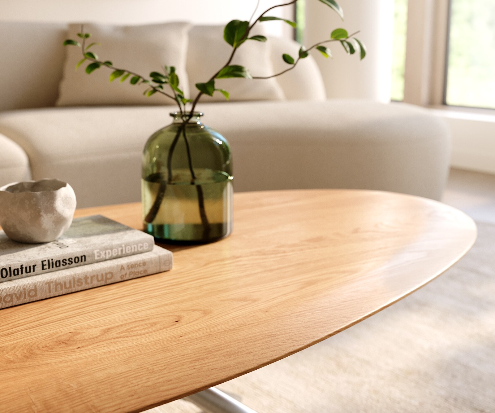 Table basse Edge Oval 140x75 cm chêne naturel bord arrondi Sarity acier inoxydable brossé 4
