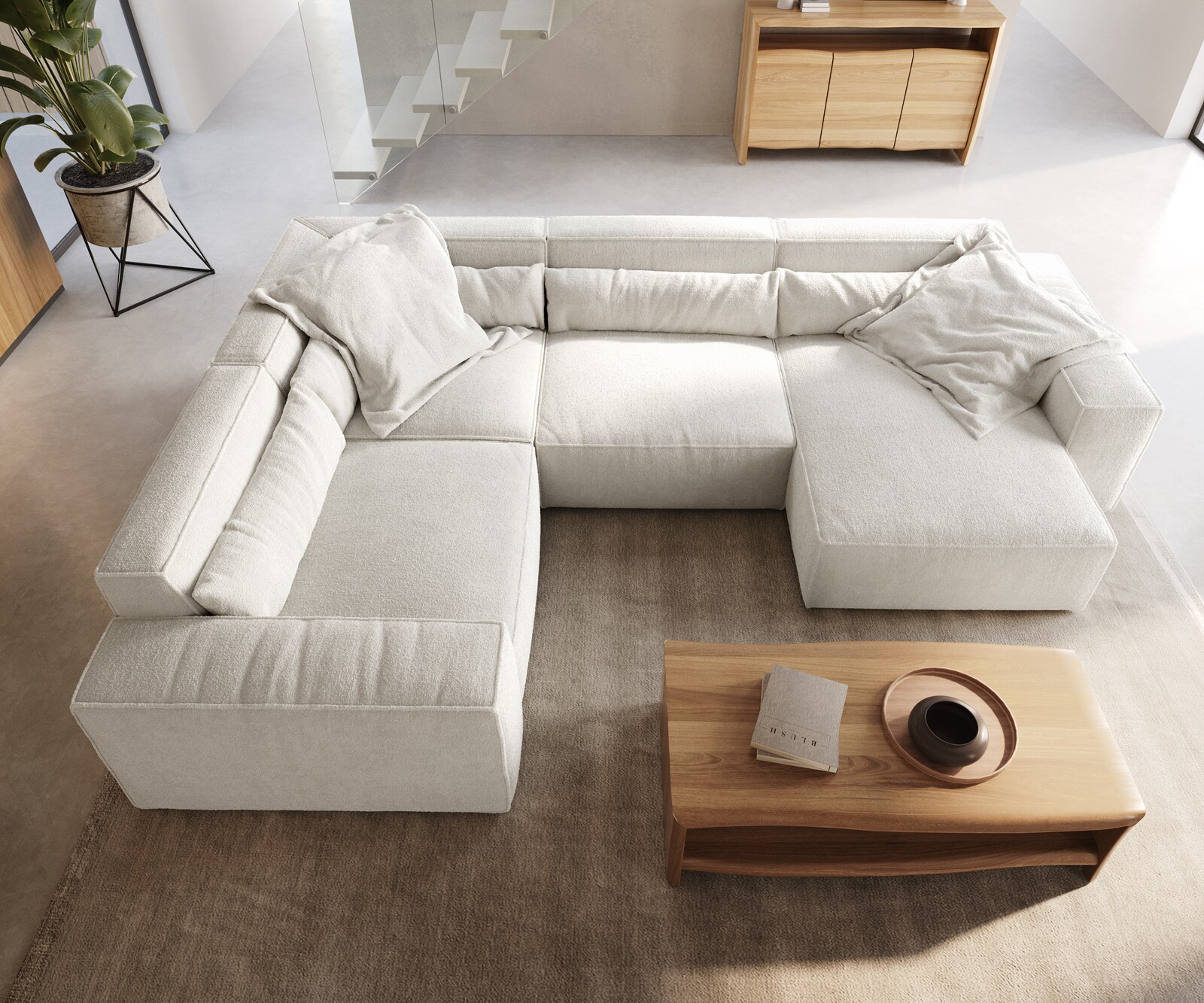 Canapé panoramique Sirpio 300x210 cm Bouclee Crème-blanc Recamiere variable 4