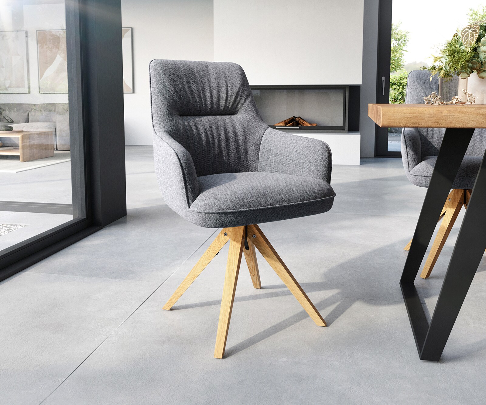 Chaise-de-salle-à-manger Zelia-Flex avec accoudoirs tissu texturé gris clair pied en bois angulaire naturel ressorts ensachés