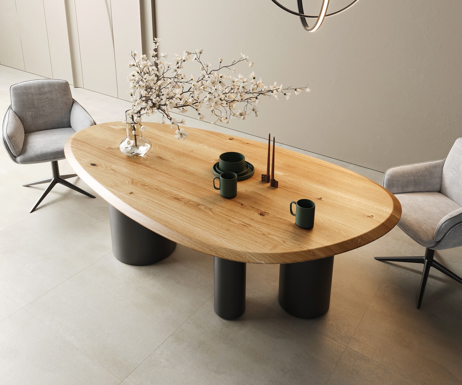 Table à manger Edge ovalee 220x120x2,5 chêne naturee Troa métal noir Flow-Edge