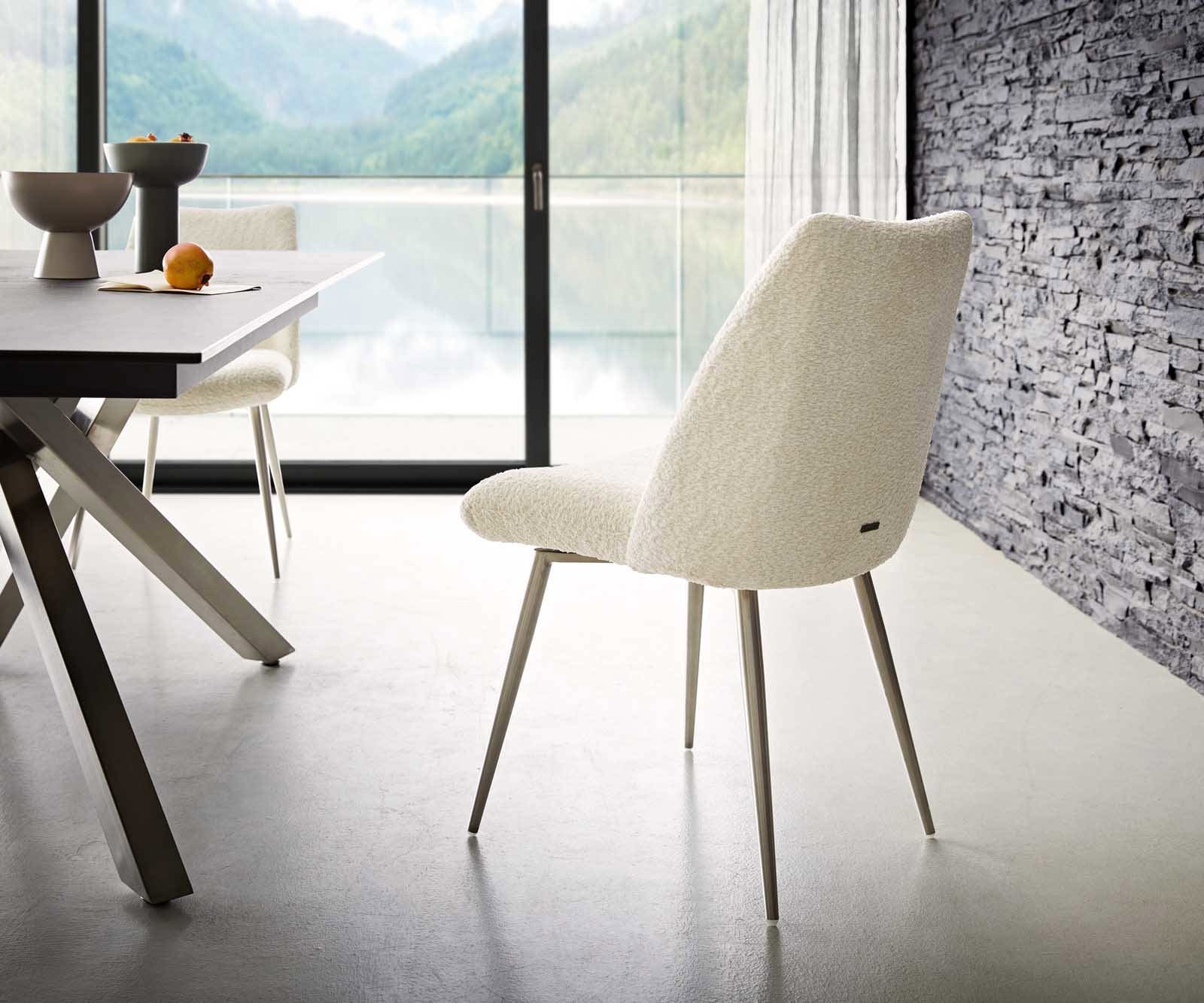 Chaise-de-salle-à-manger Elso-Flex bouclé blanc 4 pieds coniques acier inoxydable brossé ressorts ensachés 4 Chaise-de-salle-à-manger Elso-Flex bouclé blanc 4 pieds coniques acier inoxydable brossé ressorts ensachés 4