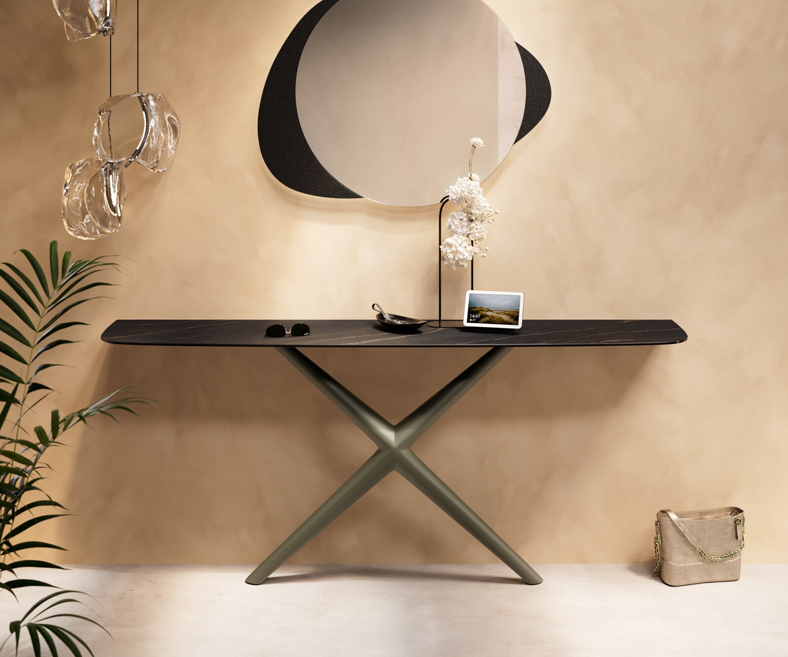 Console Edge forme bateau 180x40 cm Céramique Laminam® Noir Desir Braun Estelo Métal Effektfinish Titan 1