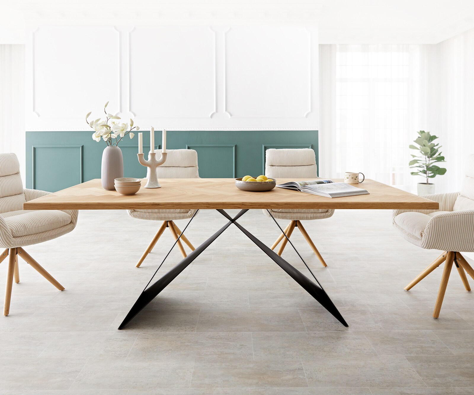 Table à manger Edge-pure 200x100 chêne nature Fishbone cadre en V acier plat noir 4