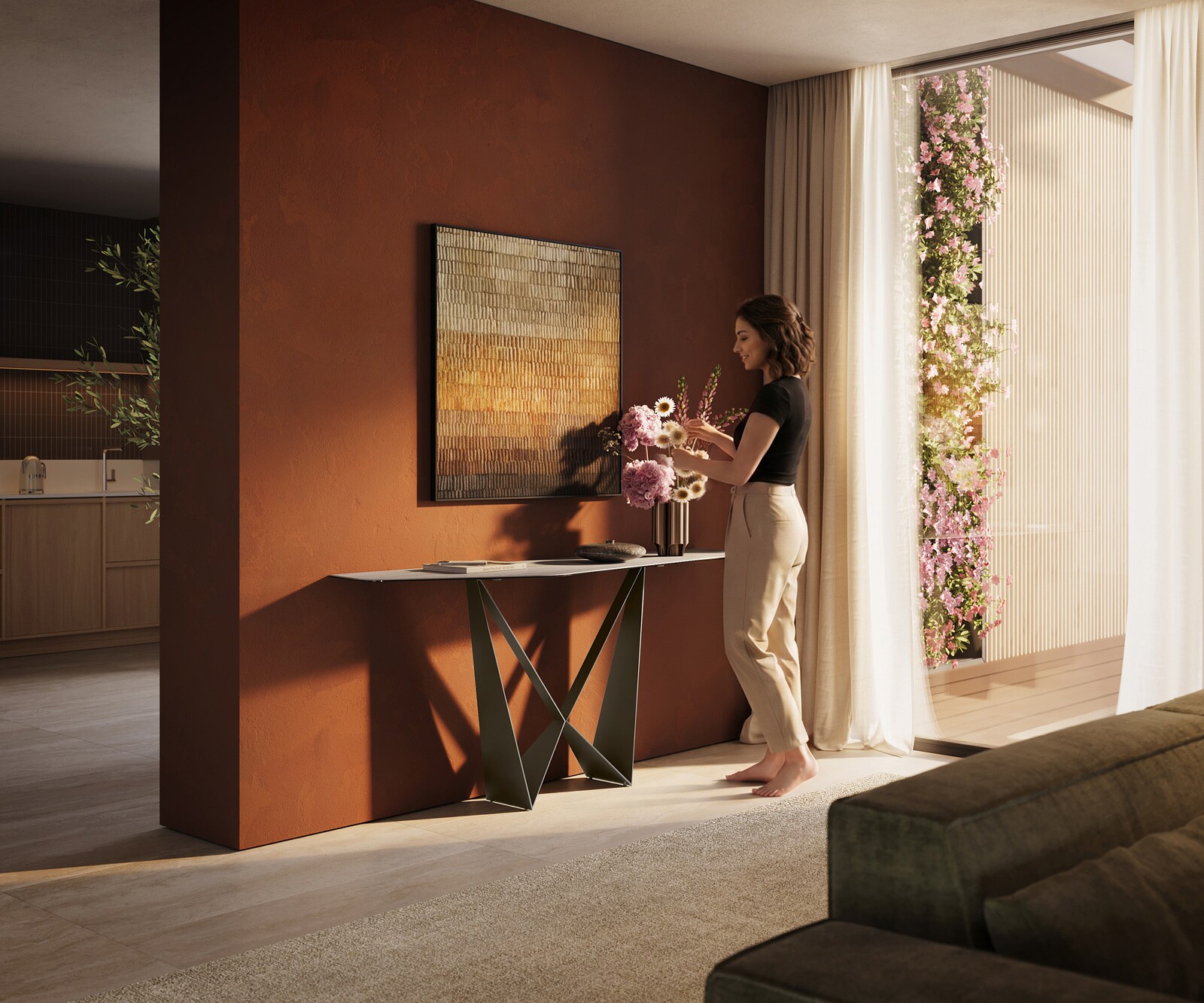 Console Edge Polygonal 180x50 cm Céramique Laminam® Travertino Bianco Creme-Weiß Spios Métal Effektfinish Titan 7
