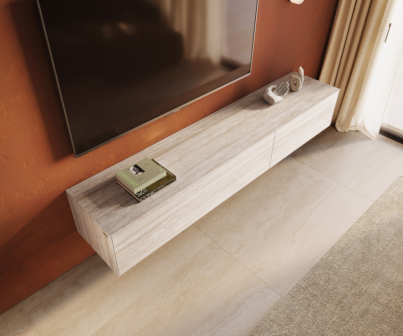 Meuble-TV Cuor 220 cm Céramique Laminam® Travertino Bianco Crème-blanc 1 Clapet 2 Tiroirs Flottant 3