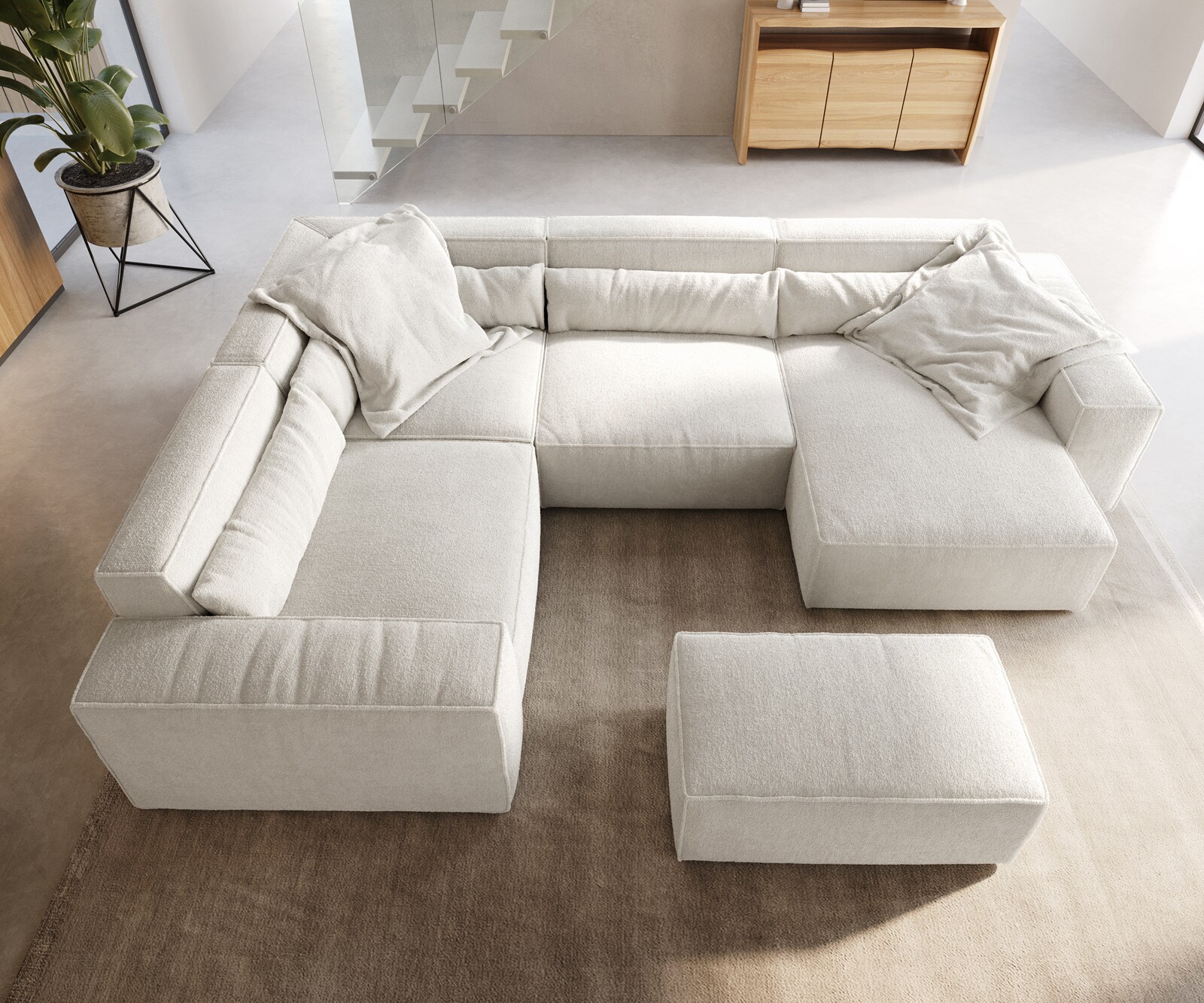 Canapé panoramique Sirpio 300x210 cm Bouclee Crème-blanc Recamiere variable avec Tabouret 3