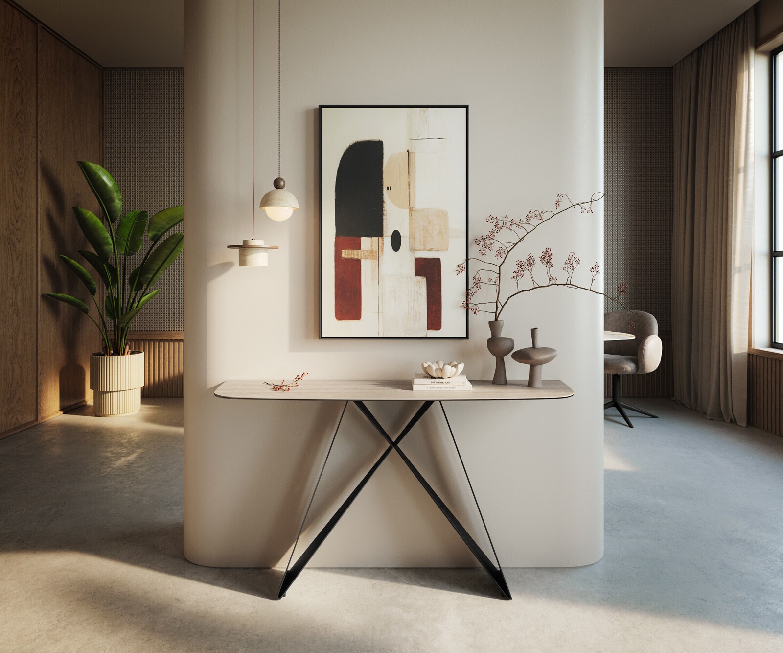 Console Edge forme bateau 140x40 cm Céramique Laminam® Travertino Bianco Creme-Weiß Velio Métal Noir 4