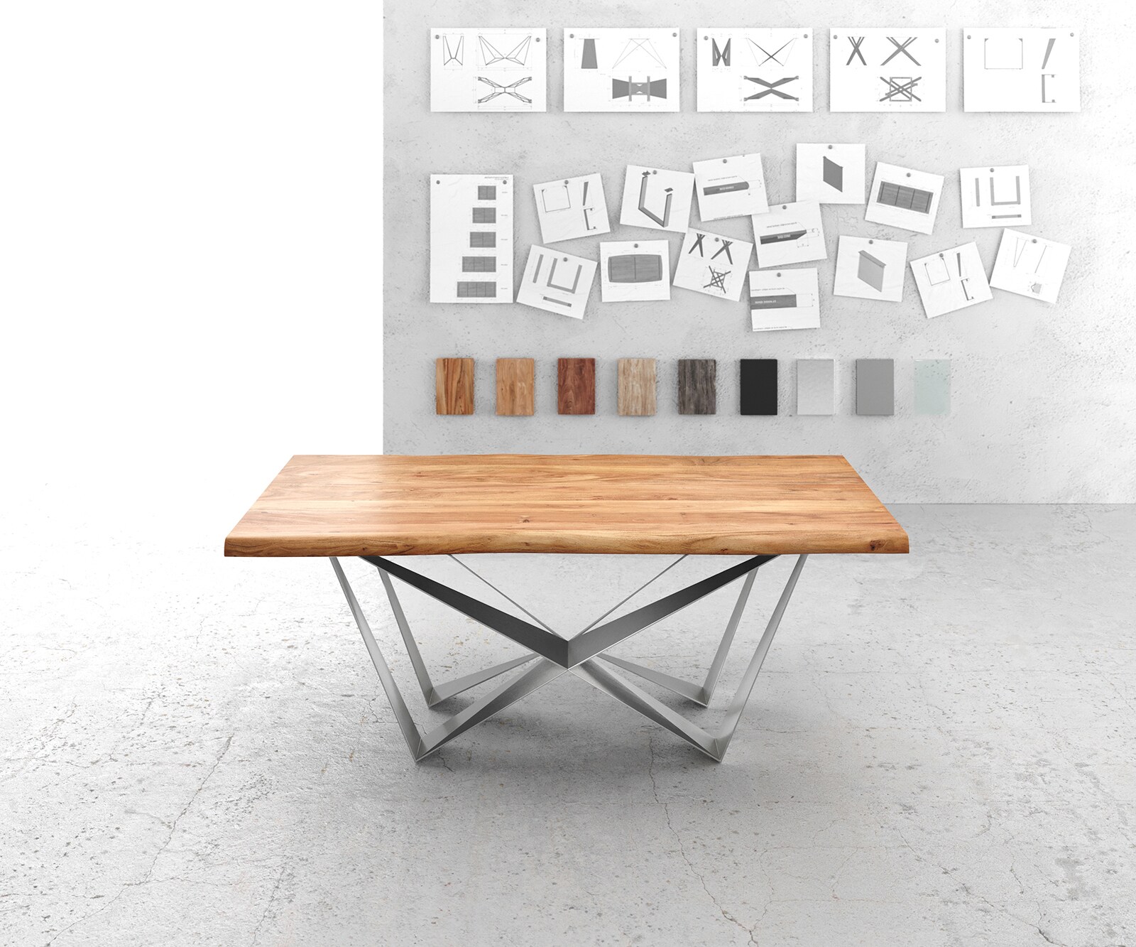 Table à manger Edge 200x100 XL acacia naturel Spider acier plat acier inoxydable Live-Edge 2