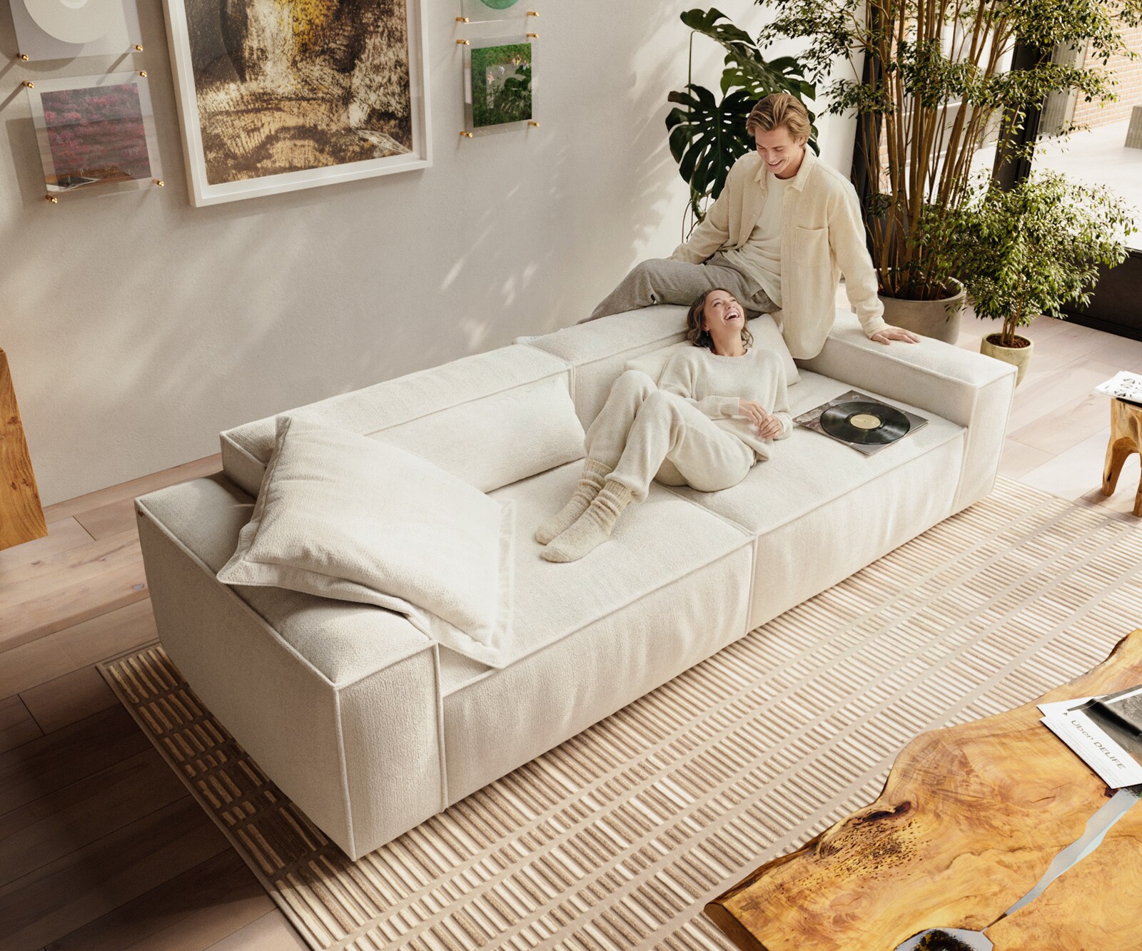 Grand canapé Freestyle Cozy 280x110 cm Bouclé beige doux