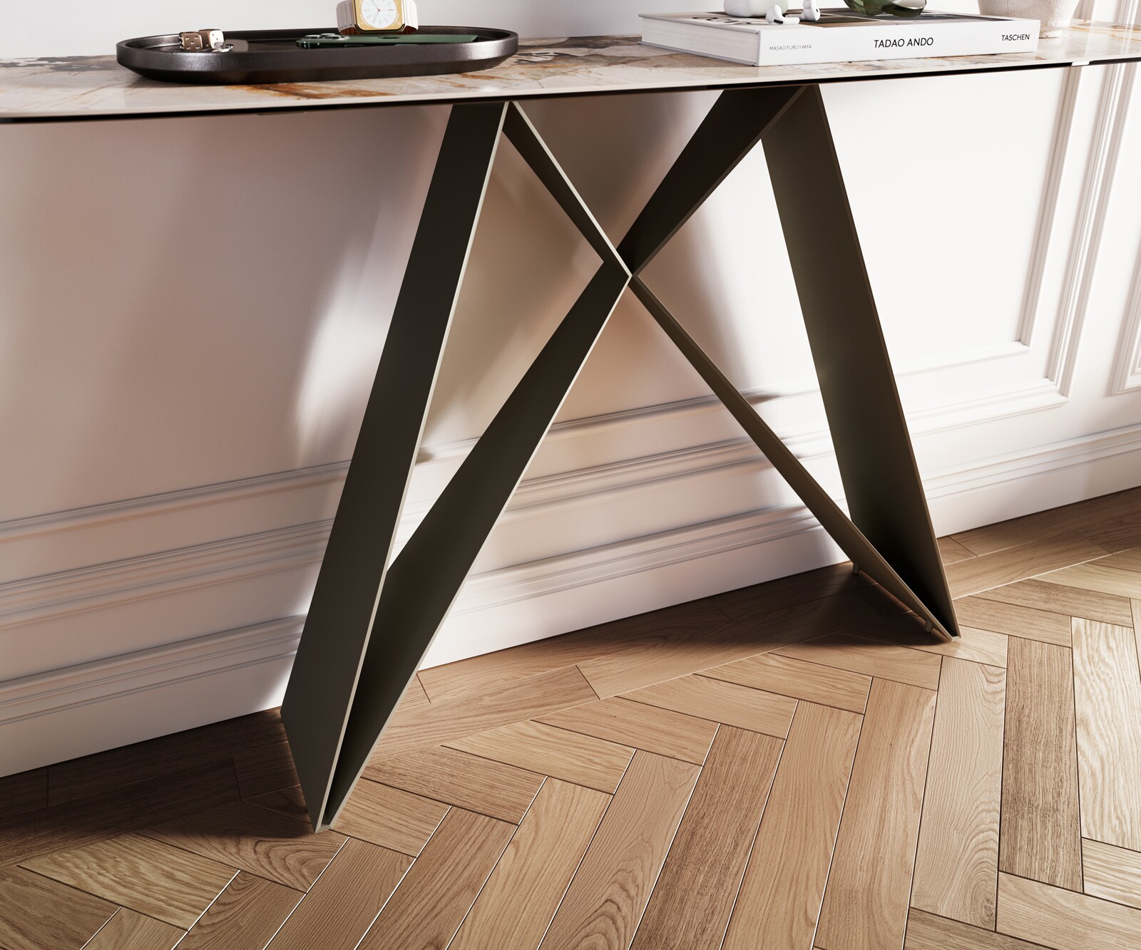 Console Edge forme bateau 140x40 cm Céramique Patagonia Poliert Velio Métal Effektfinish Titan 6