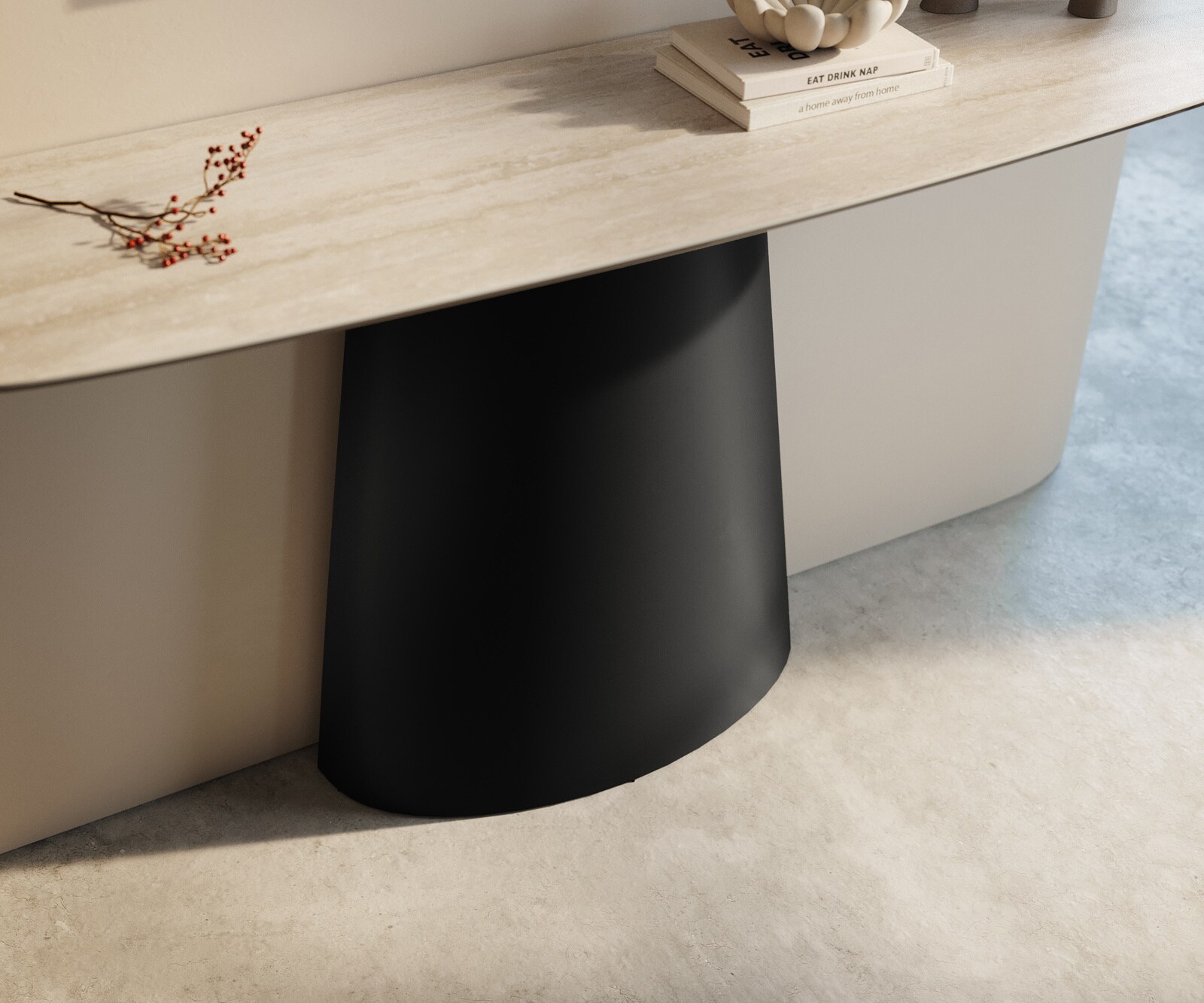 Console Edge forme bateau 140x40 cm Céramique Laminam® Travertino Bianco Creme-Weiß Conos Métal Noir 6