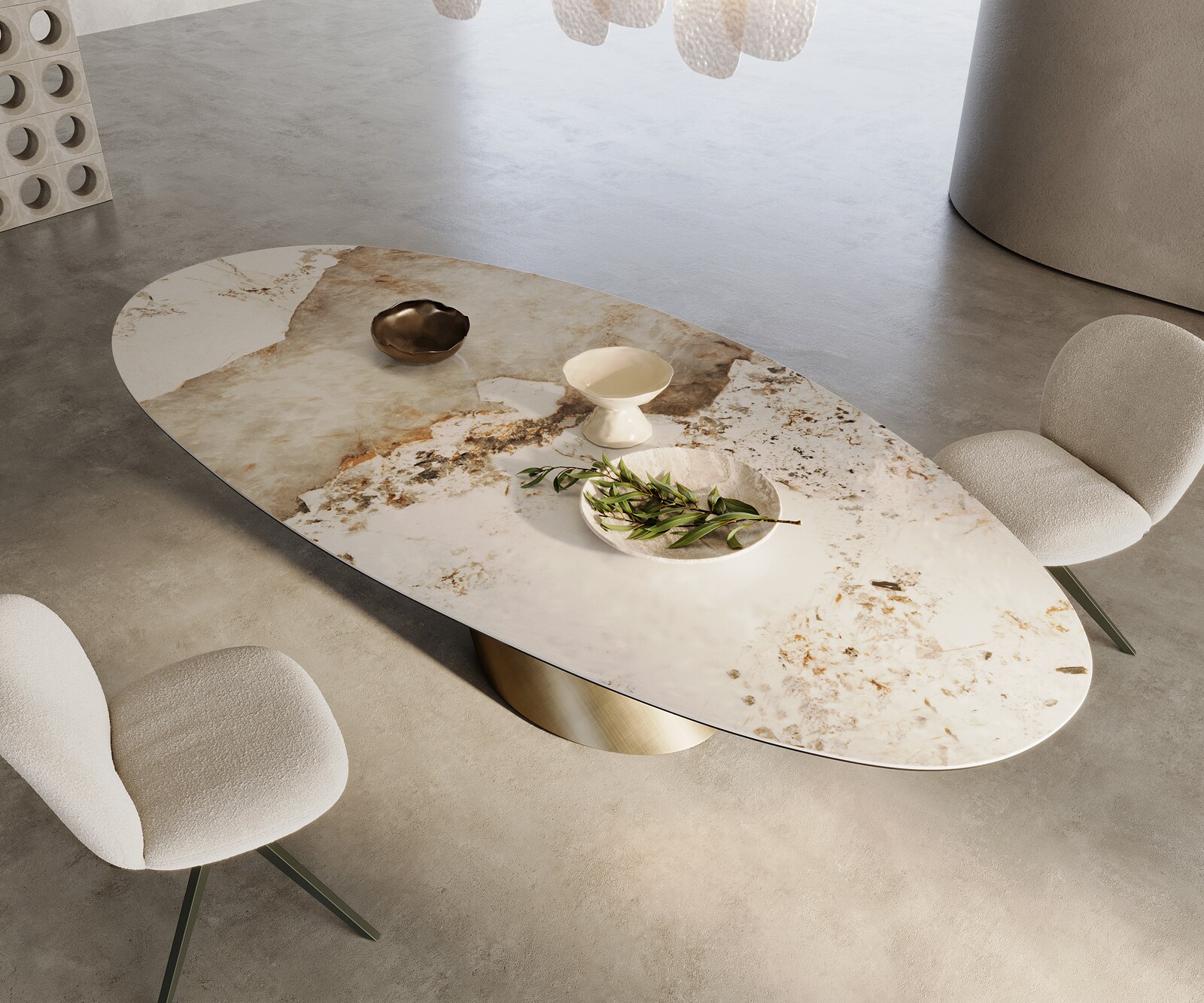 Table à manger Edge ovalee 280x130 céramique Minas mélange blanc-beige Cono métallique doré 2