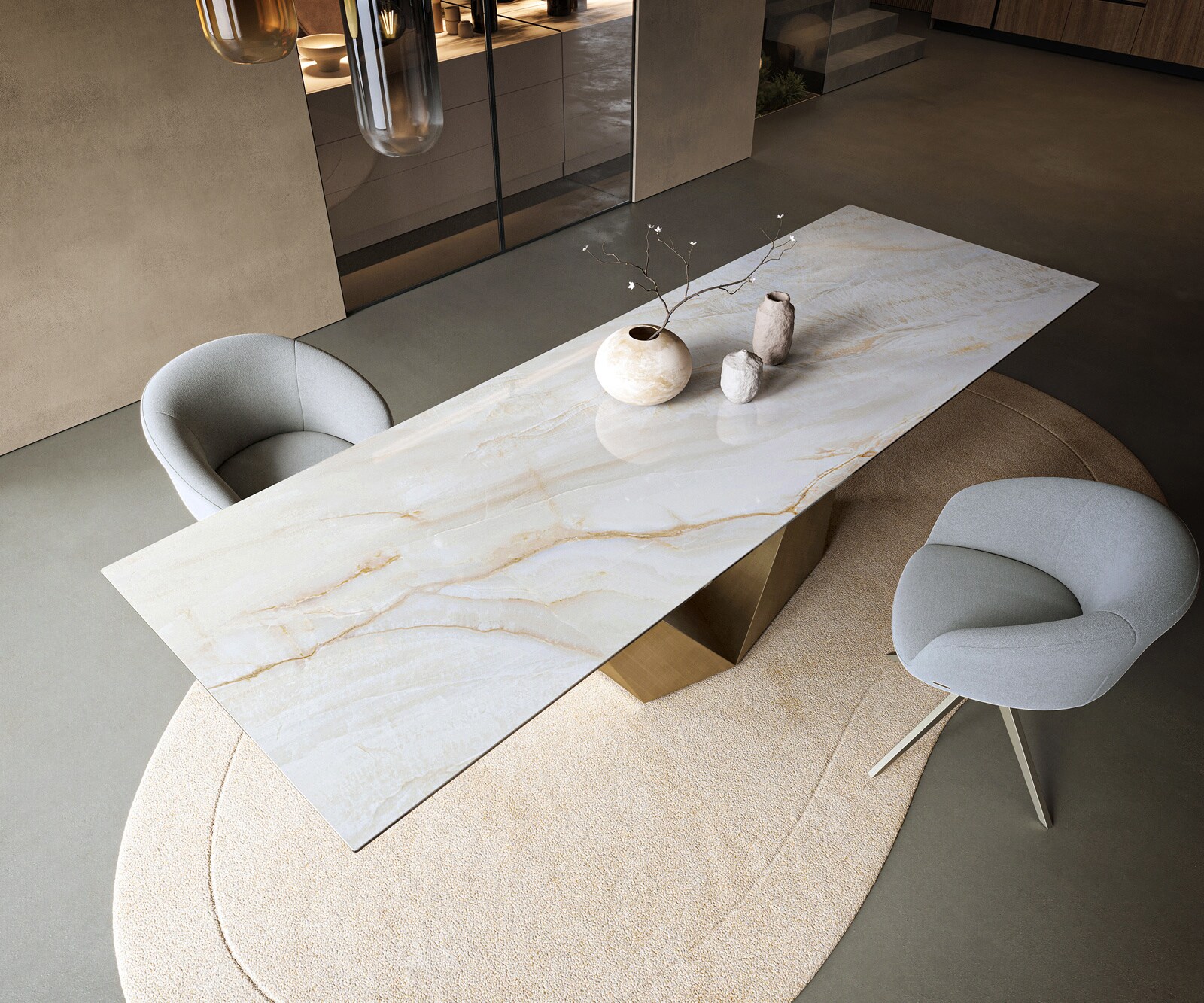 Table à manger Edge 300x100 cm céramique Onyx Pearl Prisma métal doré 4