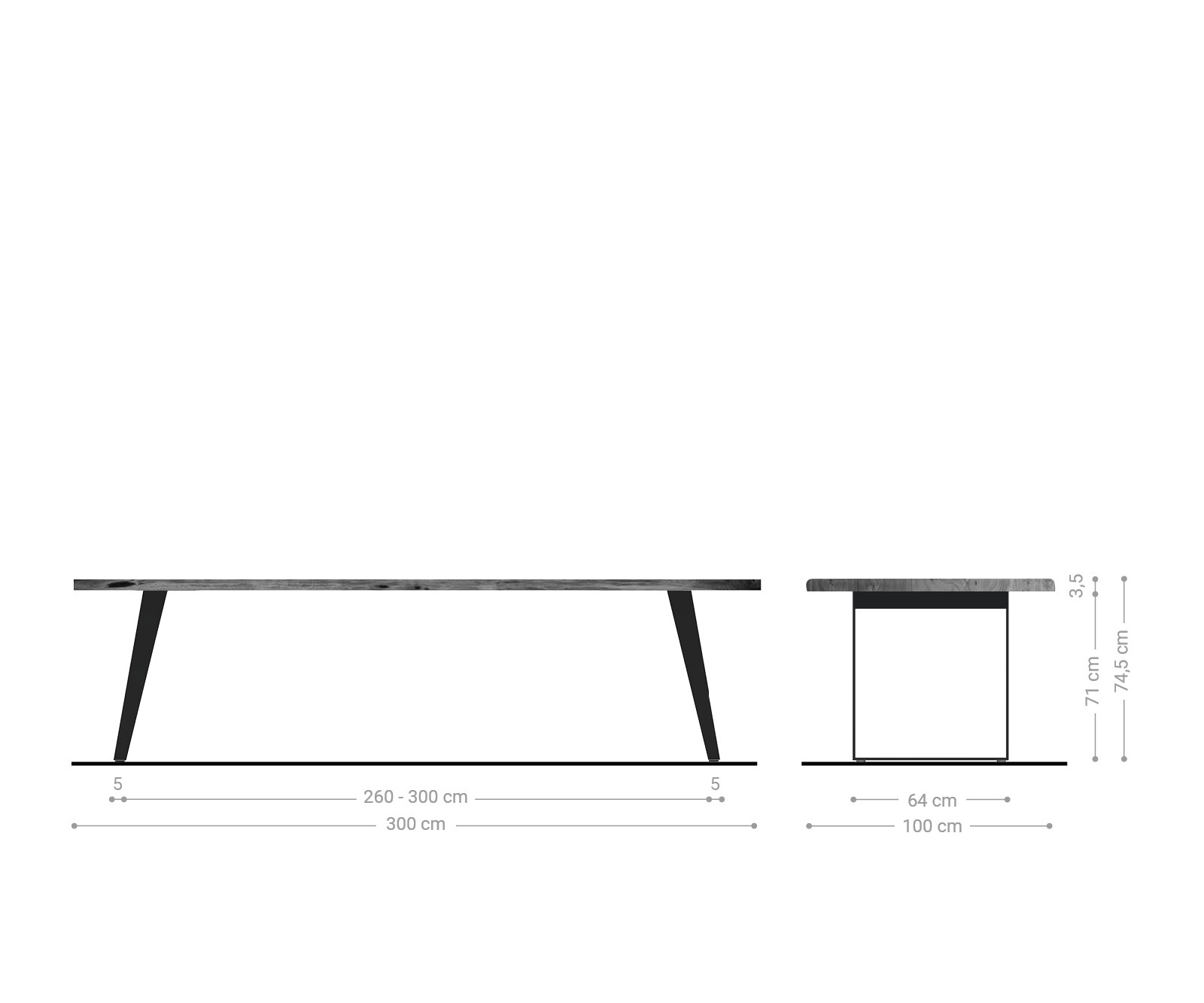 Table-à-manger Edge 300x100cm acacia marron acier inoxydable argent incliné Live-Edge 6