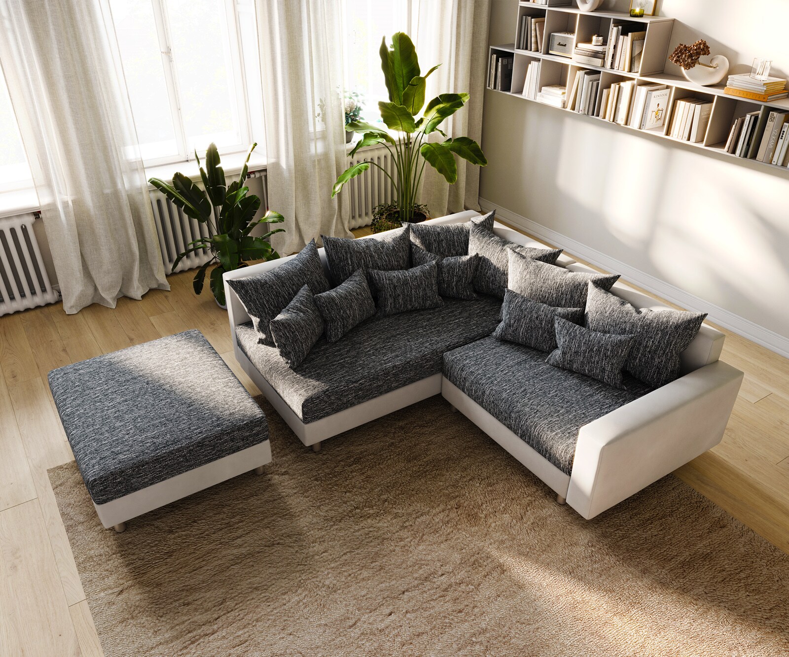Canapé-d'angle Clovis blanc noir modulaire accoudoir Tabouret Pouf Gauche  3