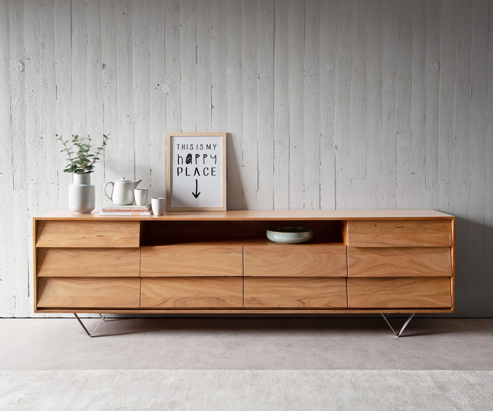 Buffet Eloi 240x40 cm acacia naturel 2 portes 6 tiroirs pied en V inox 1