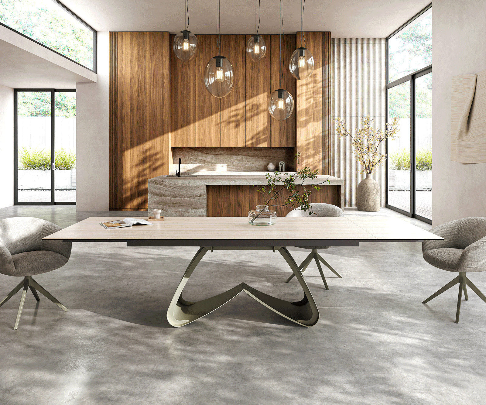 Table à manger Edge 200-300x100 céramique Laminam® Travertino Bianco crème-blanc cadre en W effet finition titanee extensible 1