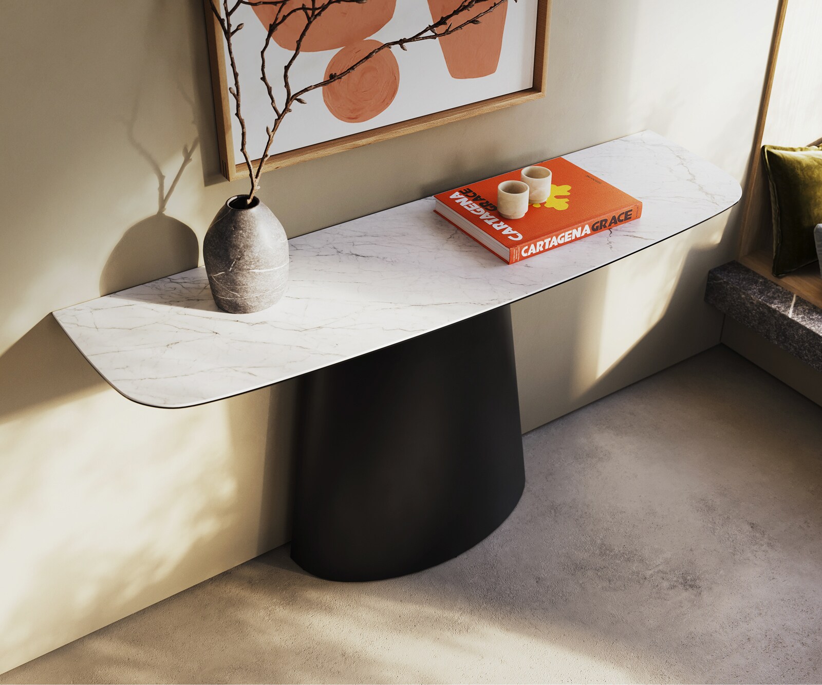 Console Edge forme bateau 140x40 cm Céramique Laminam® Statuarietto Weiß Conos Métal Noir 2