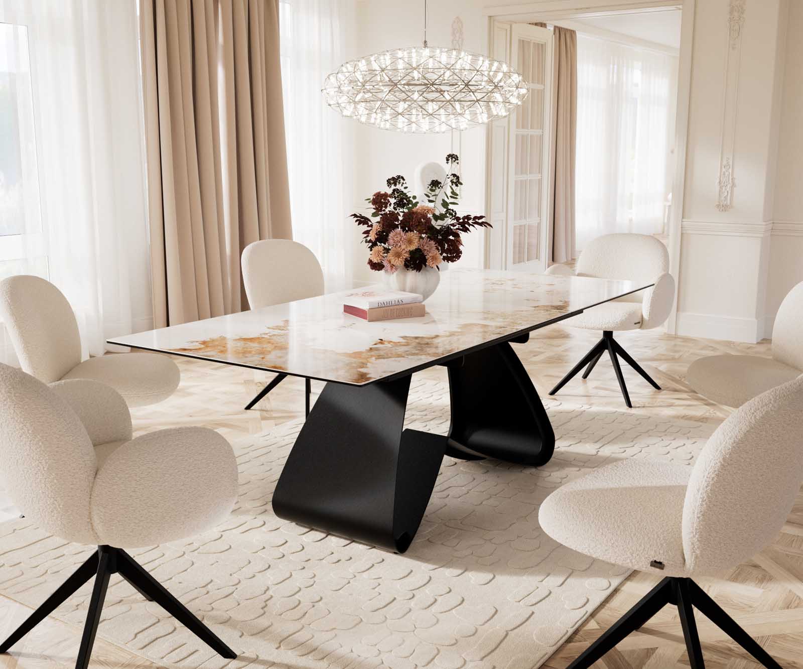 Table à manger Edge 180-220x100 céramique Minas mélange blanc-beige cadre en W noir extensible 9
