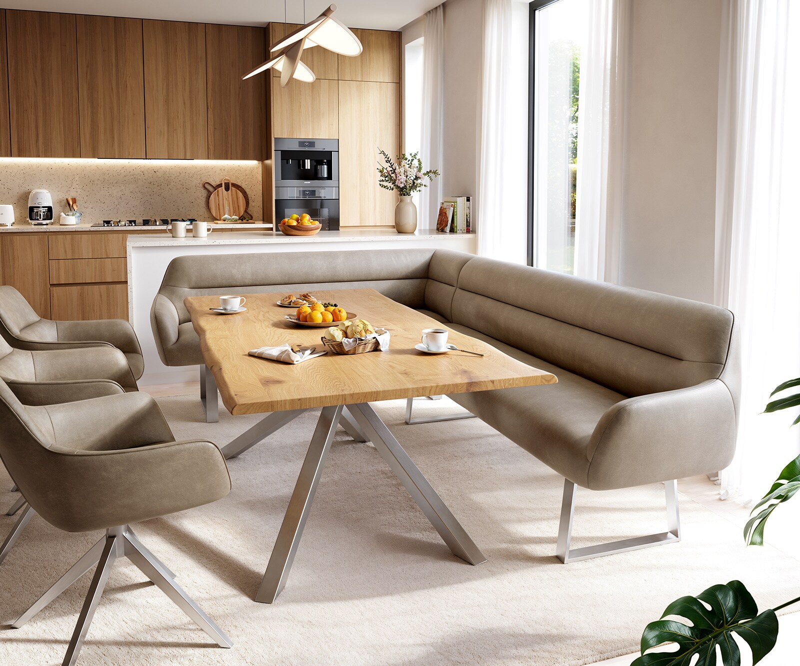 Banc-de-salle-à-manger Taya-Flex 285x190 cm microfibre beige vintage piètement à patins angulaire acier inoxydable ressort ensaché à droite 1