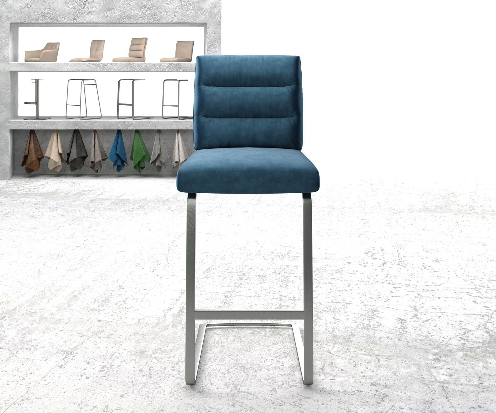 Chaise-de-bar Pela-Flex velours bleu chaise cantilever acier plat inoxydable 1 Chaise-de-bar Pela-Flex velours bleu chaise cantilever acier plat inoxydable 1