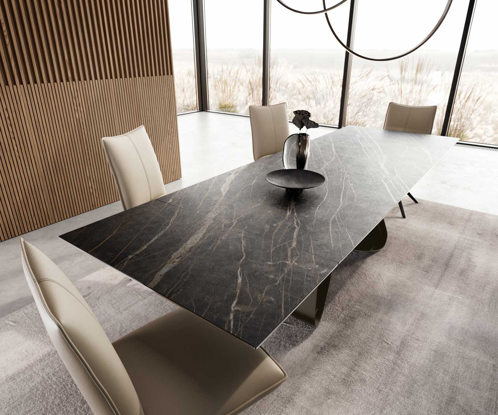 Table à manger Edge 200-300x100 Céramique Laminam®Noir Desir Marron cadre en W Finition Effet Titane Extensible 4