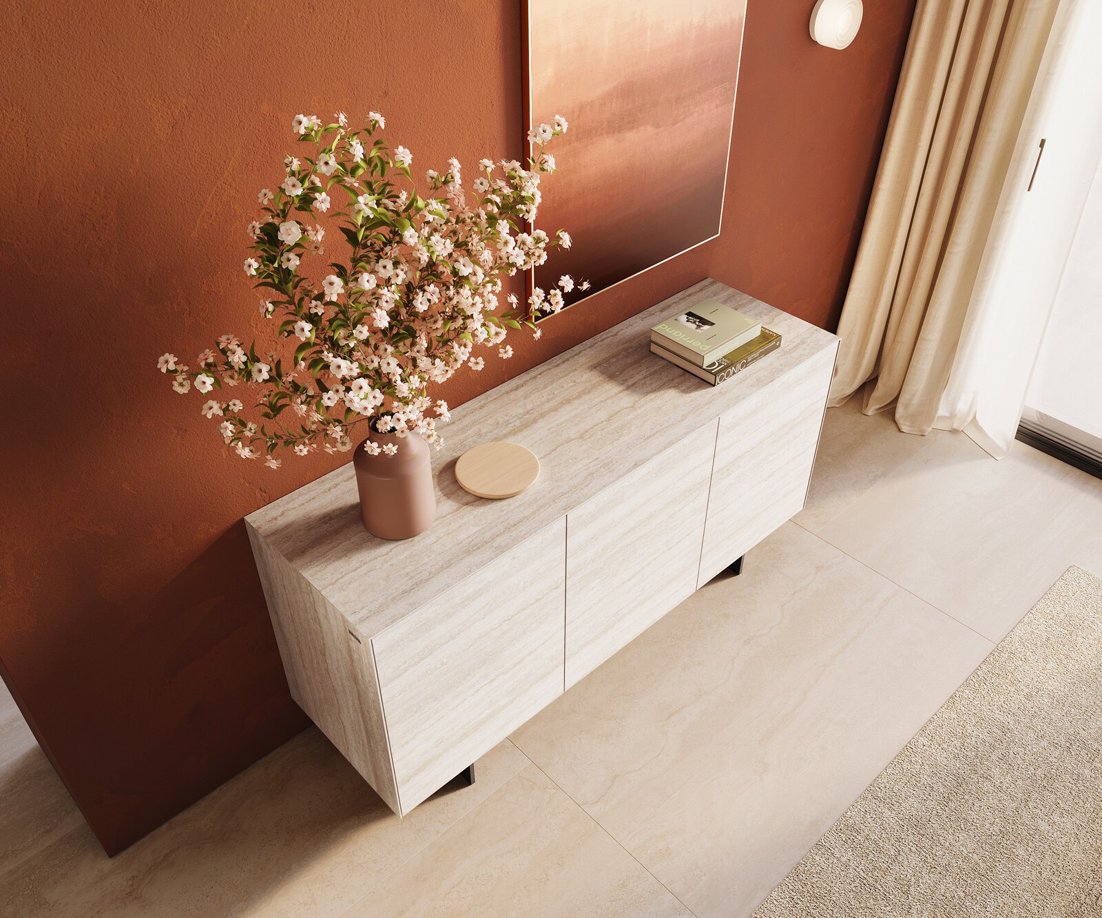 Buffet Cuor 150 cm Céramique Laminam® Travertino Bianco Crème-blanc 3 Portes Pied optique flottant Métal Noir 3
