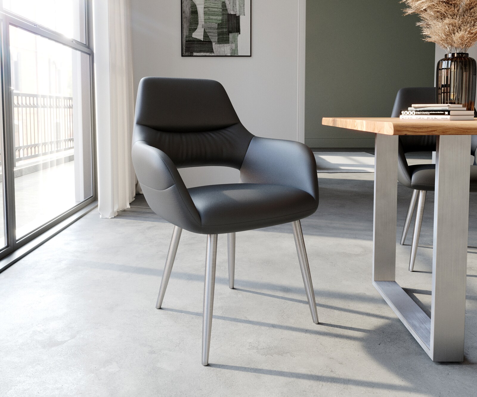 Chaise-de-salle-à-manger Yago-Flex avec accoudoirs cuir de vache noir 4 pieds coniques acier inoxydable brossé ressorts ensachés