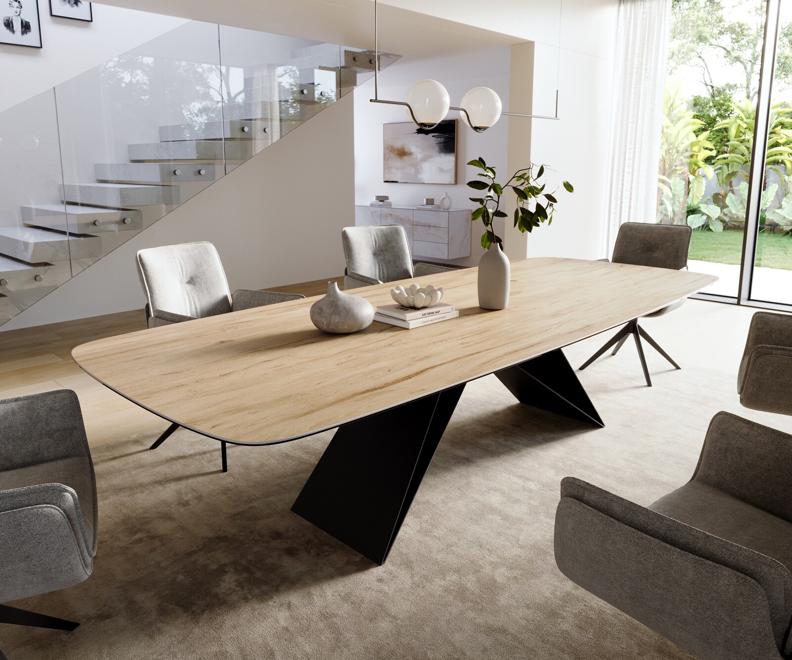 Table à manger Edge Boot 300x120 cm Céramique Laminam® Sabbia Eichefarbig piètement en V Flachstahl Noir 1