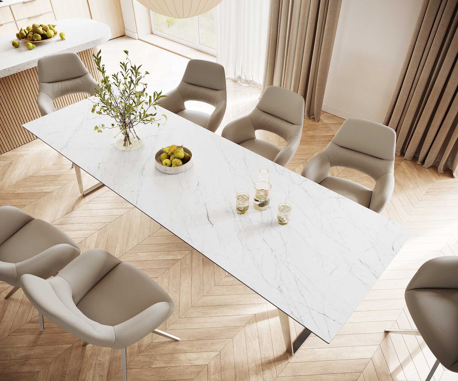 Table-à-manger Edge 300x100 céramique Laminam® statuarietto blanc inox incliné 3