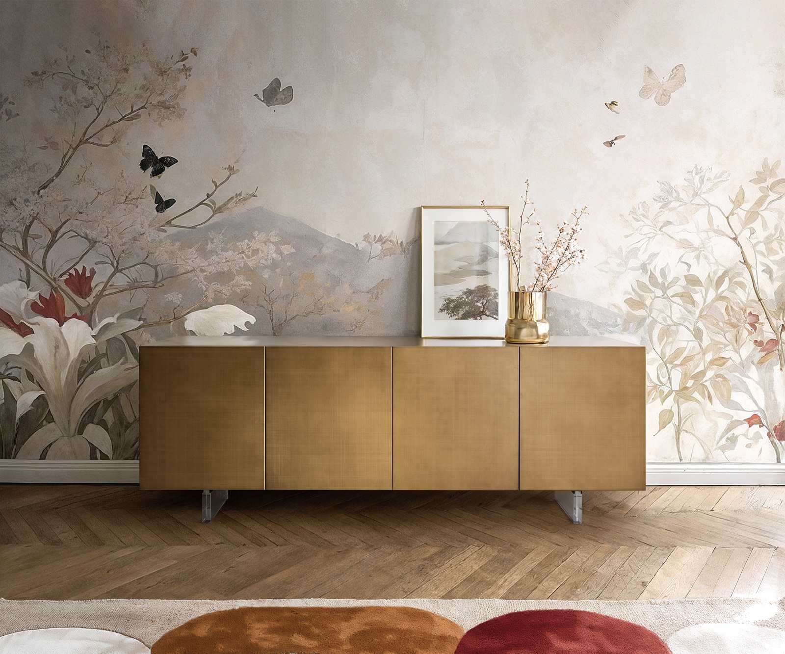 Buffet Aira 200 cm doré métallique 4 portes pied acrylique
