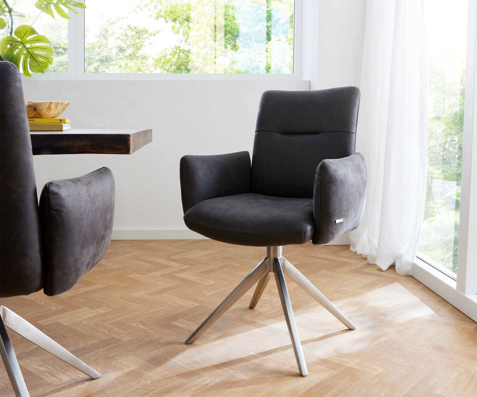Chaise-pivotante Jova-Flex avec accoudoirs microvelours anthracite vintage pied croisé large acier inoxydable brossé pivotement sur 360° ressorts ensachés Chaise-pivotante Jova-Flex avec accoudoirs microvelours anthracite vintage pied croisé large acier inoxydable brossé pivotement sur 360° ressorts ensachés