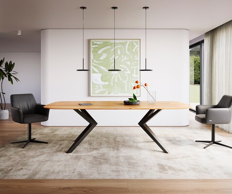 Table à manger Edge Boot 240x120x2,5-3 chêne naturee Zenthara Angulaire métal noir bord suisse
