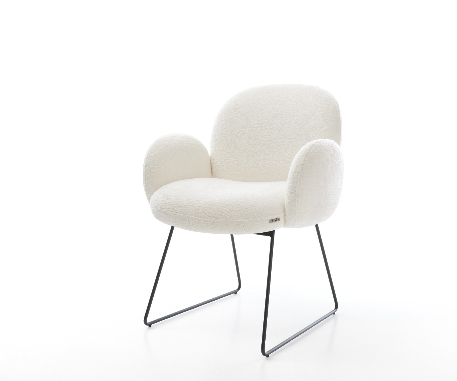 Chaise-de-salle-à-manger Nube-Flex avec accoudoirs bouclé doux beige pied trapèze noir resorts ensachés