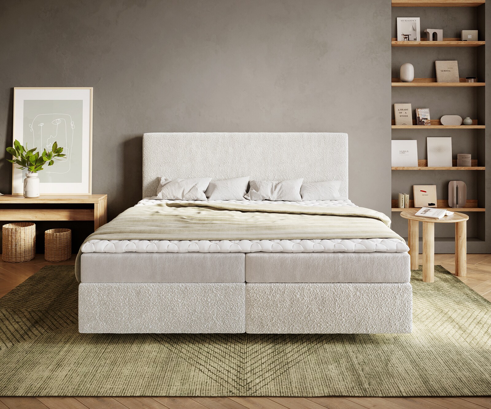 Lit à sommier tapissier Dream-Well 180x200 cm Bouclé Crème-Blanc avec matelas et surmatelas 1