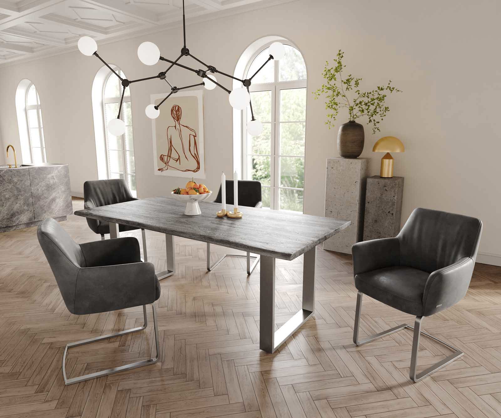 Cantilever Xana-Flex avec accoudoirs microvelours anthracite vintage pied cantilever plat acier inoxydable brossé ressorts ensachés 4