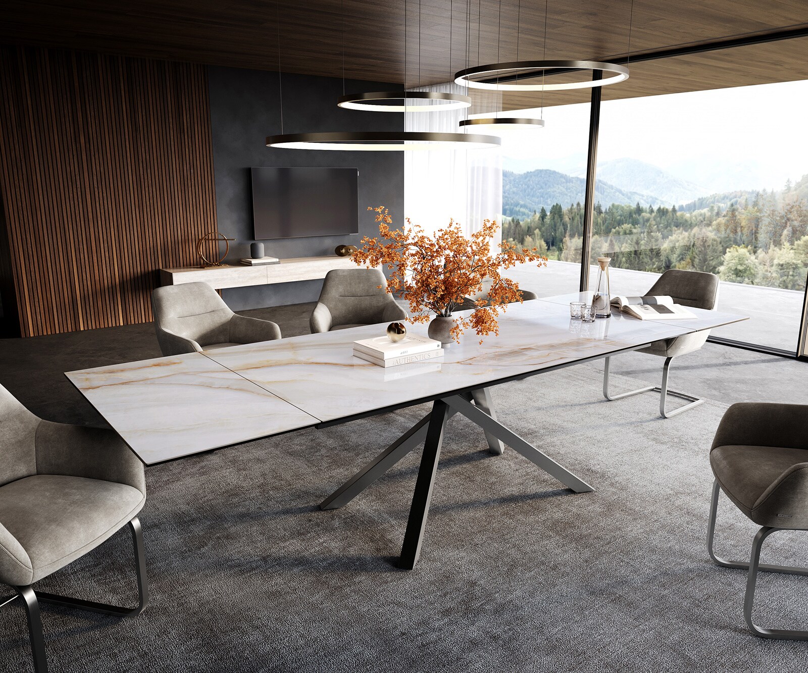 Table à manger extensible Edge 200-300x100 cm céramique Onyx Pearl piètement croisé rectangulaire inox graphite 1