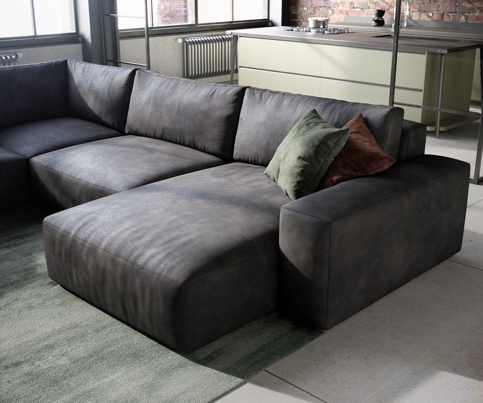 Grand canapé d’angle Lanzo 300x210 cm similicuir vintage anthracite méridienne réversible 4