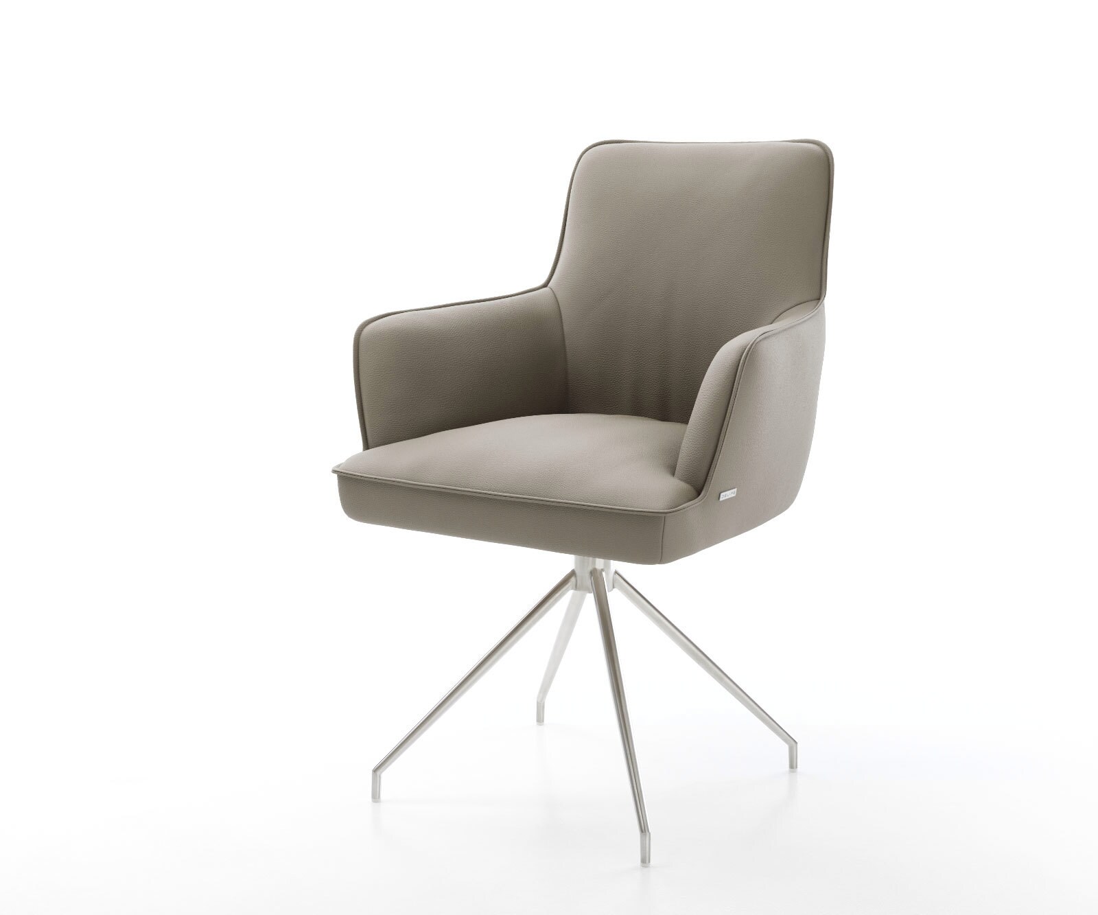 Chaise-pivotante Heira-Flex avec accoudoirs cuir de vache couleur boue pied croisé conique acier inoxydable brossé pivotement sur 180° ressorts ensachés